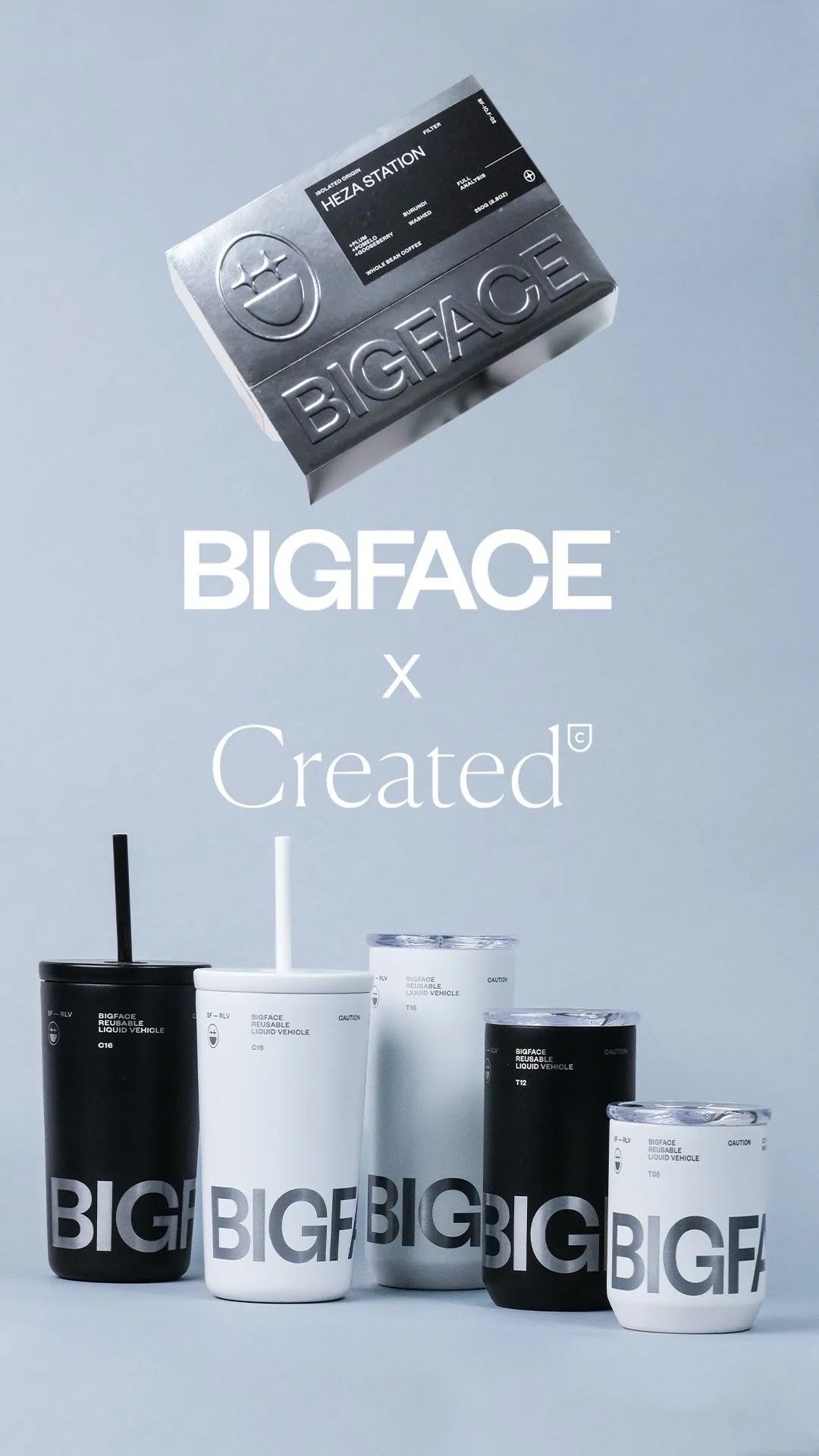 BIGFACE x Created Co. collaborative drinkware collection, featuring sleek black and white tumblers.